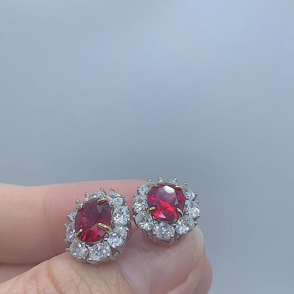 Ruby halo white sapphire‎ earrings - Picture 8 of 10